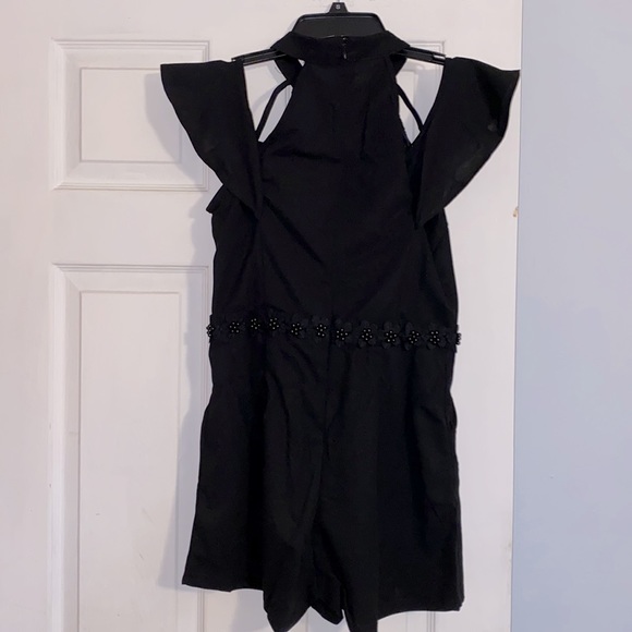 ❌DONATED❌Black Cold Shoulder High Neck Crochet Appliqué Lined Shorts Romper - Picture 6 of 15